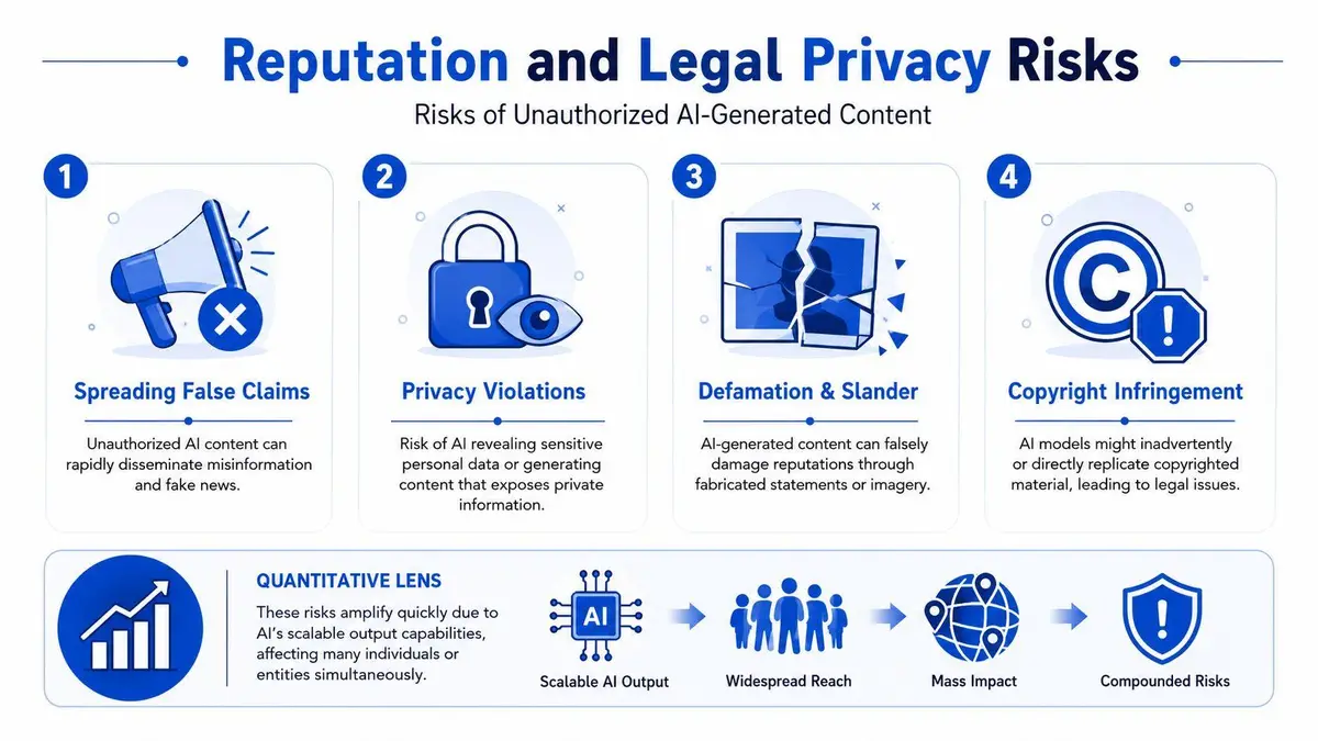 An infographic detailing reputation and legal privacy risks associated with unauthorized AI-generated content through four main points.