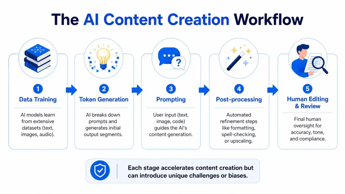 A diagram illustrating the five stages of an AI content creation workflow from training to human review.