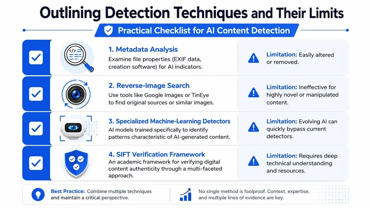 A practical checklist infographic outlining four techniques for AI content detection and their corresponding limitations.