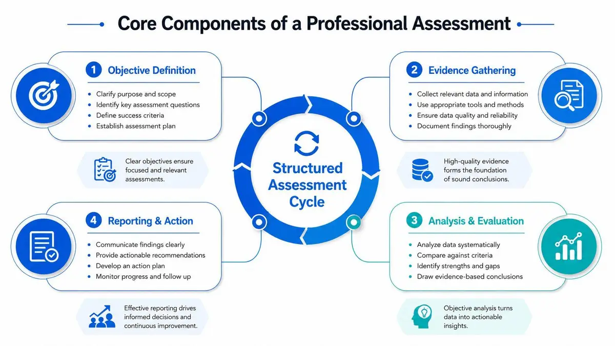 A diagram illustrating the four core components of a professional assessment within a structured assessment cycle.