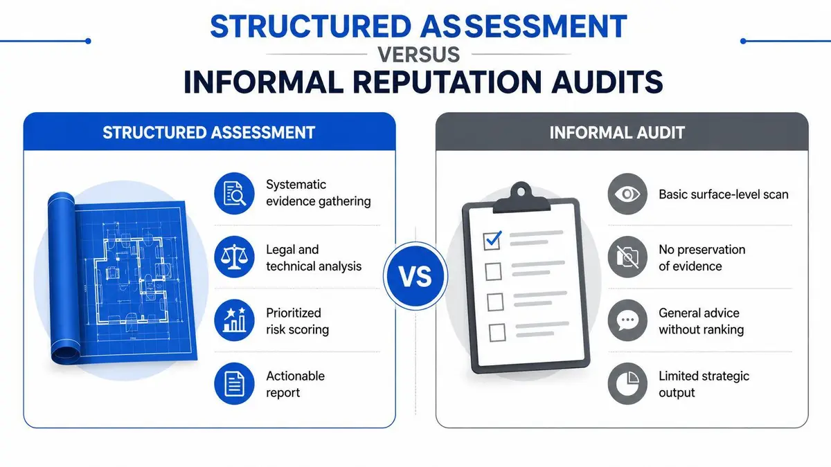 A comparison chart showing the differences between a detailed structured assessment and an informal reputation audit process.
