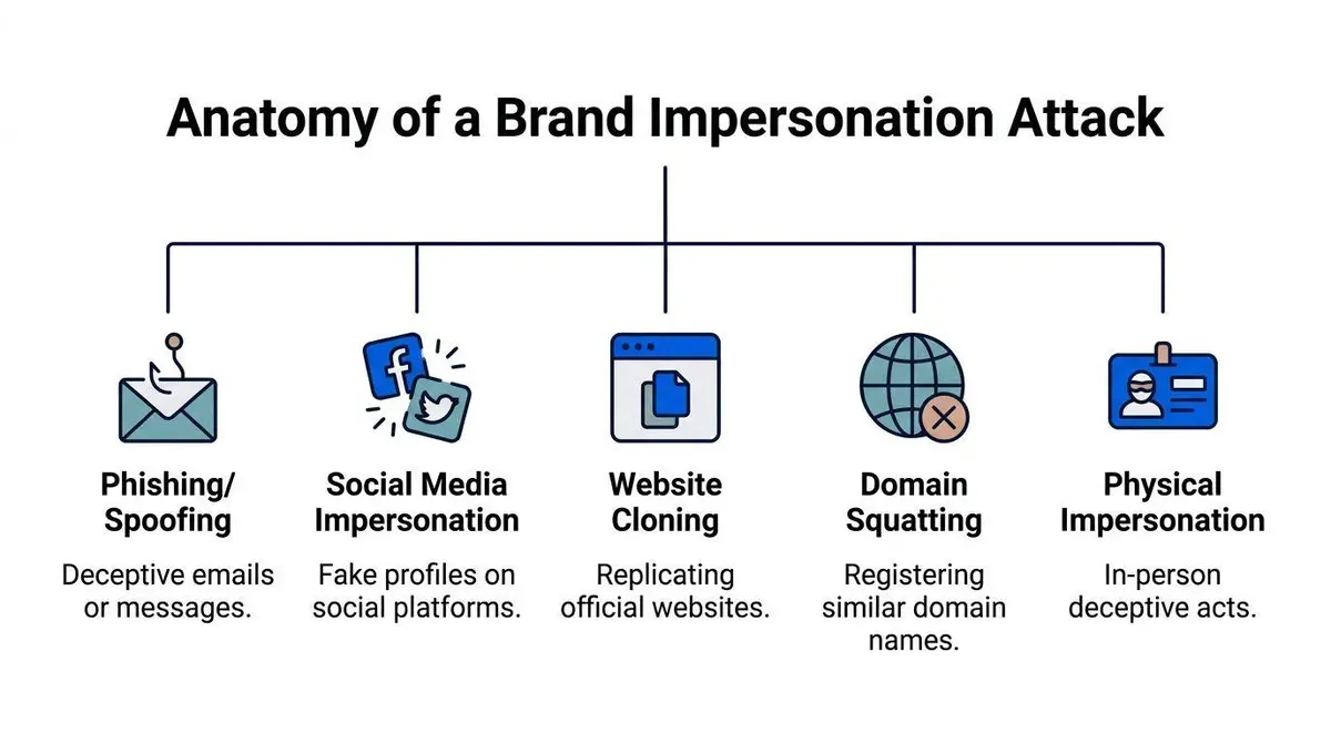 An infographic titled Anatomy of a Brand Impersonation Attack illustrating five common types of brand-related cyber threats.