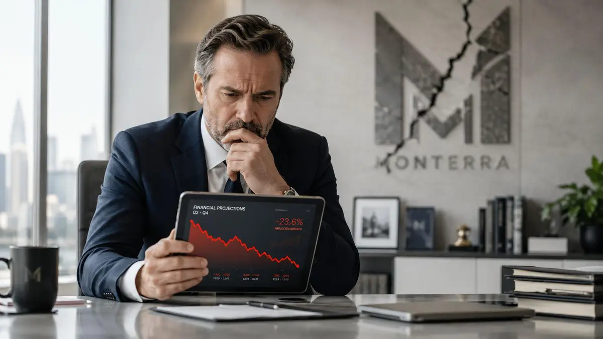 A concerned business executive reviews a tablet displaying negative financial growth charts in a modern corporate office.