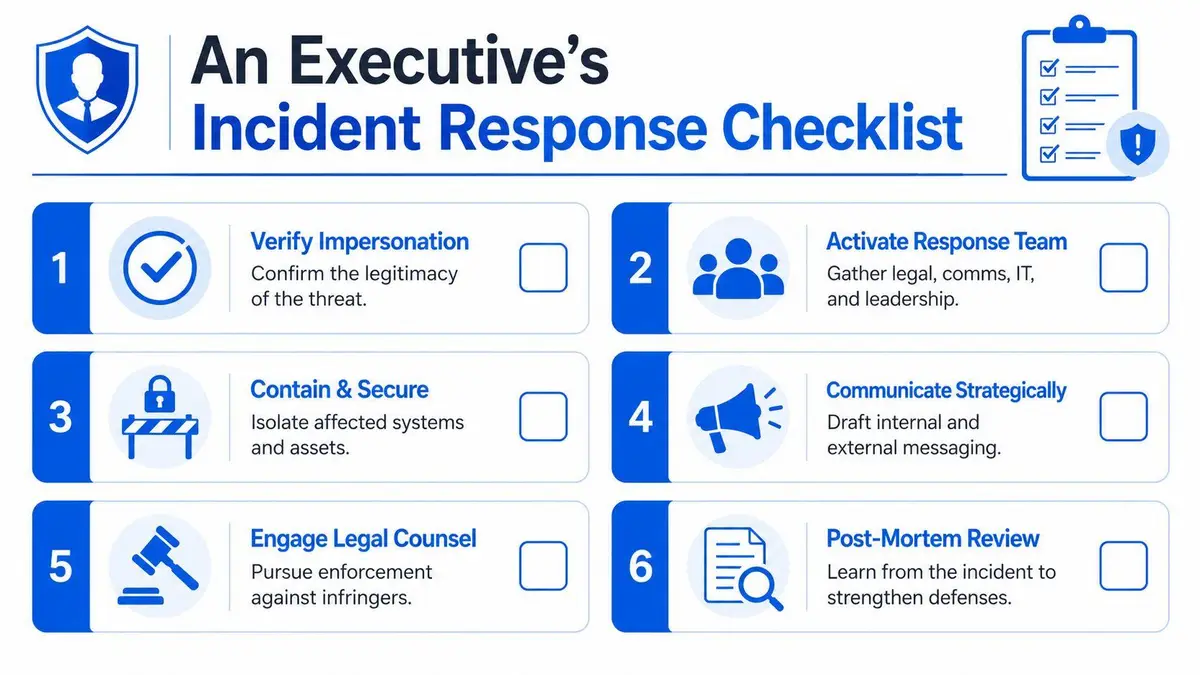 A six-step executive incident response checklist for managing brand impersonation threats in an organization.