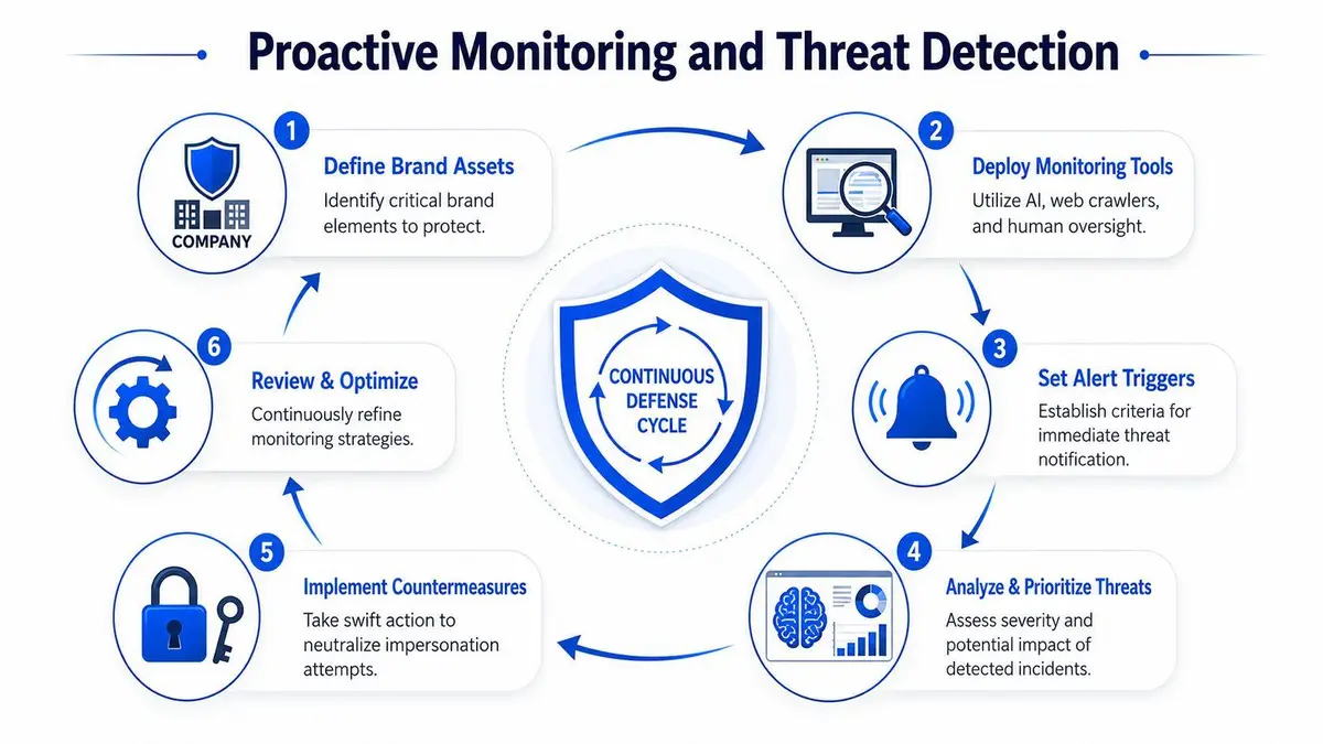 A six-step continuous defense cycle infographic demonstrating proactive monitoring and threat detection processes for protecting brand assets.