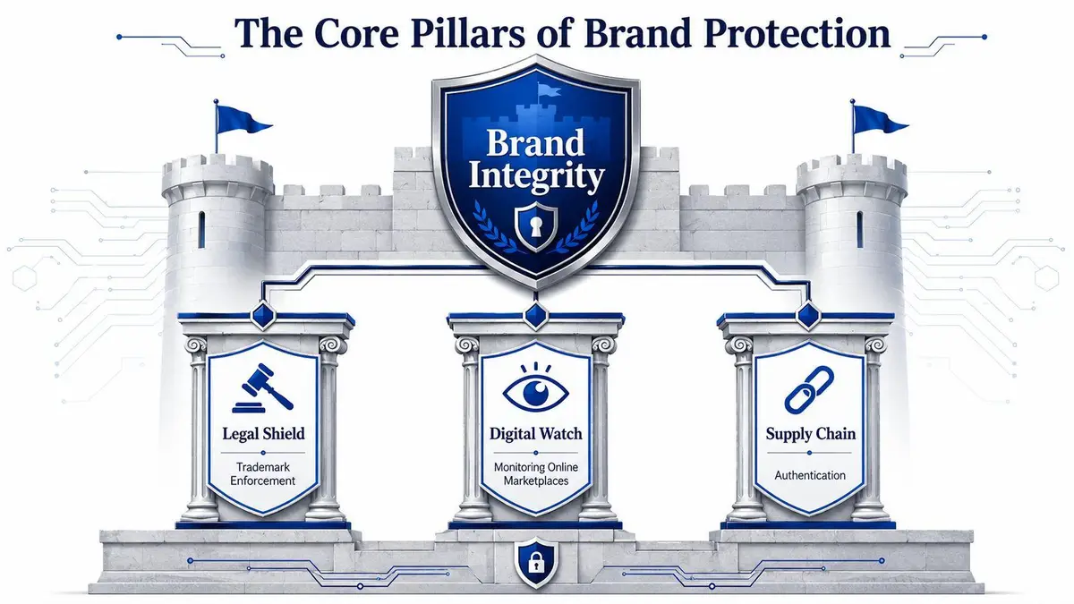 An infographic representing the three core pillars of brand protection: legal shield, digital watch, and supply chain.