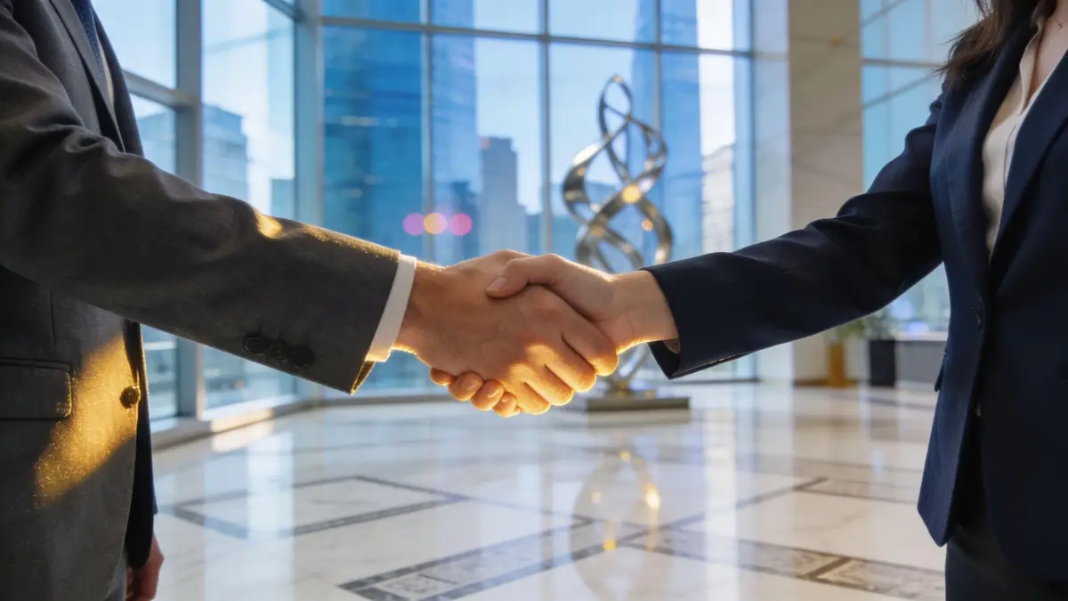 A professional business man and woman shaking hands in a bright, modern corporate office building lobby.