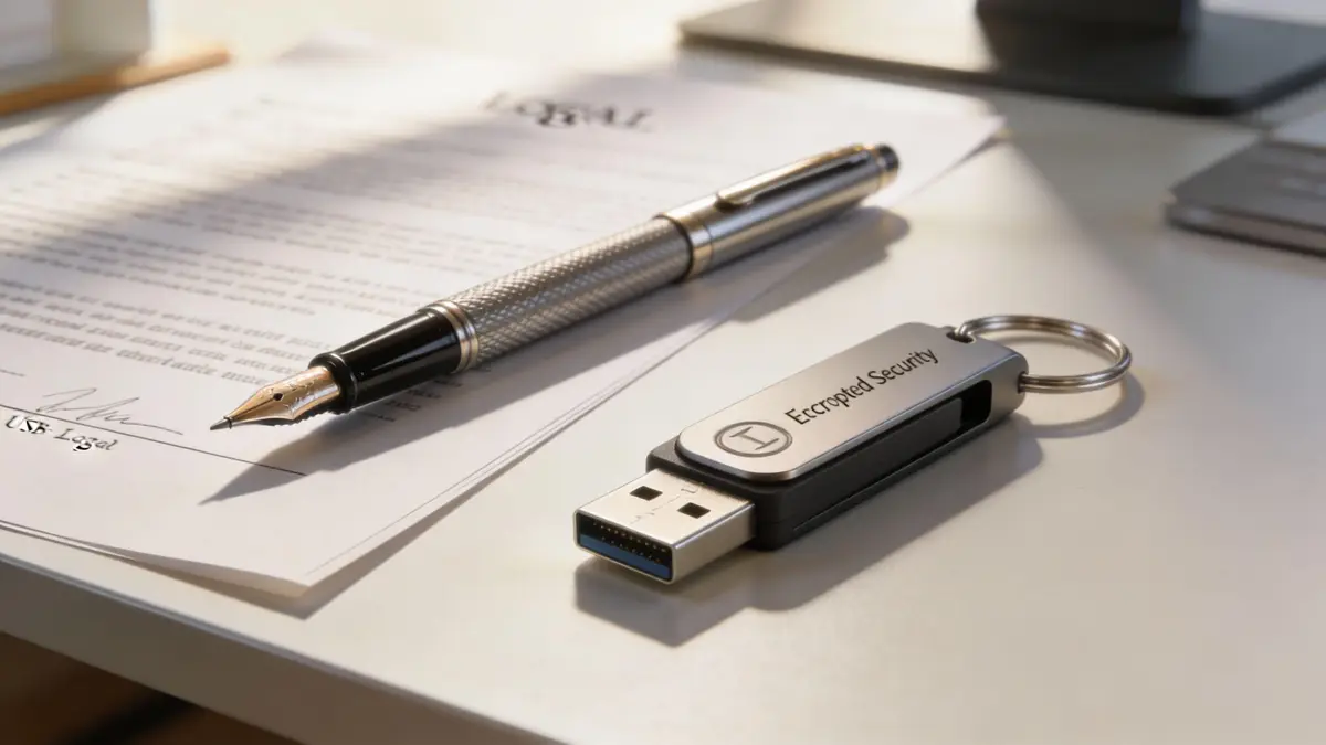 A silver USB drive with the label Eccropted Security resting on a white desk next to a pen.