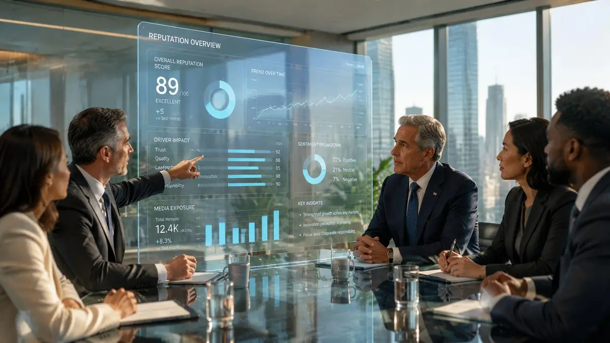 A diverse group of business professionals sitting in a conference room analyzing reputation data on a digital screen.