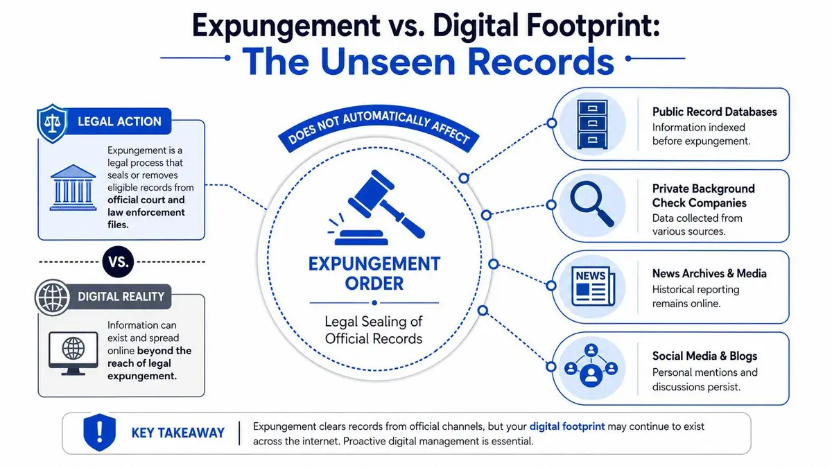 An infographic illustrating how legal expungement of criminal records does not automatically remove personal digital footprints online.