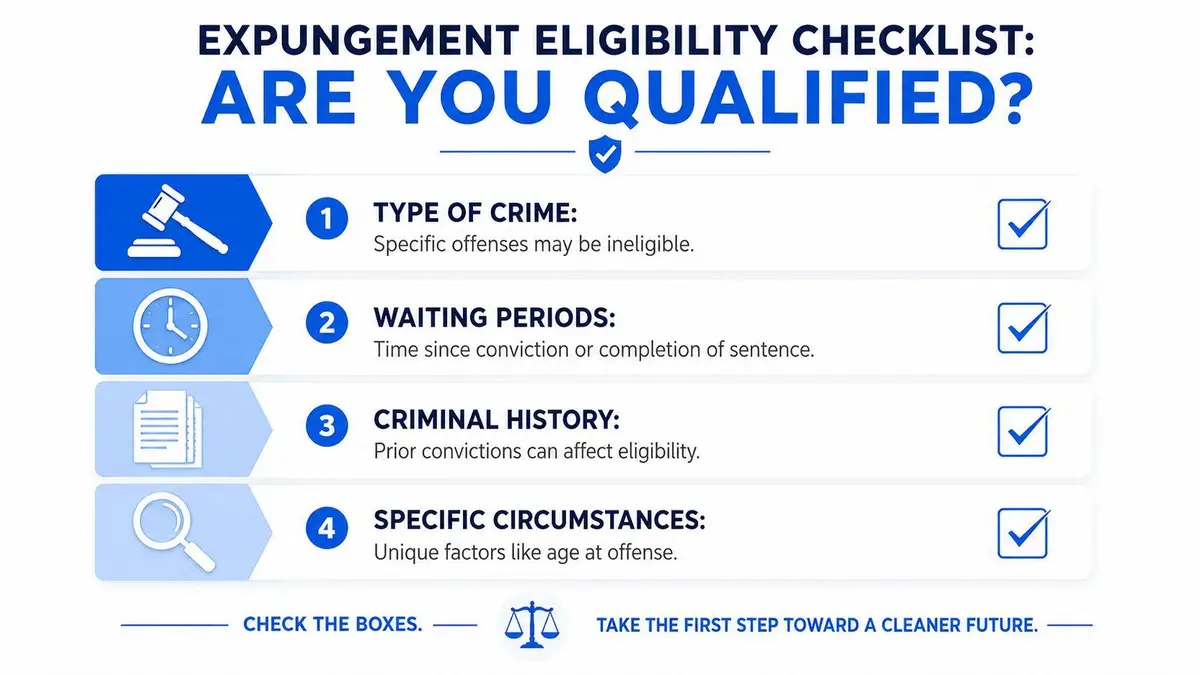 A checklist infographic outlining four key eligibility factors for criminal record expungement with checkmark icons.