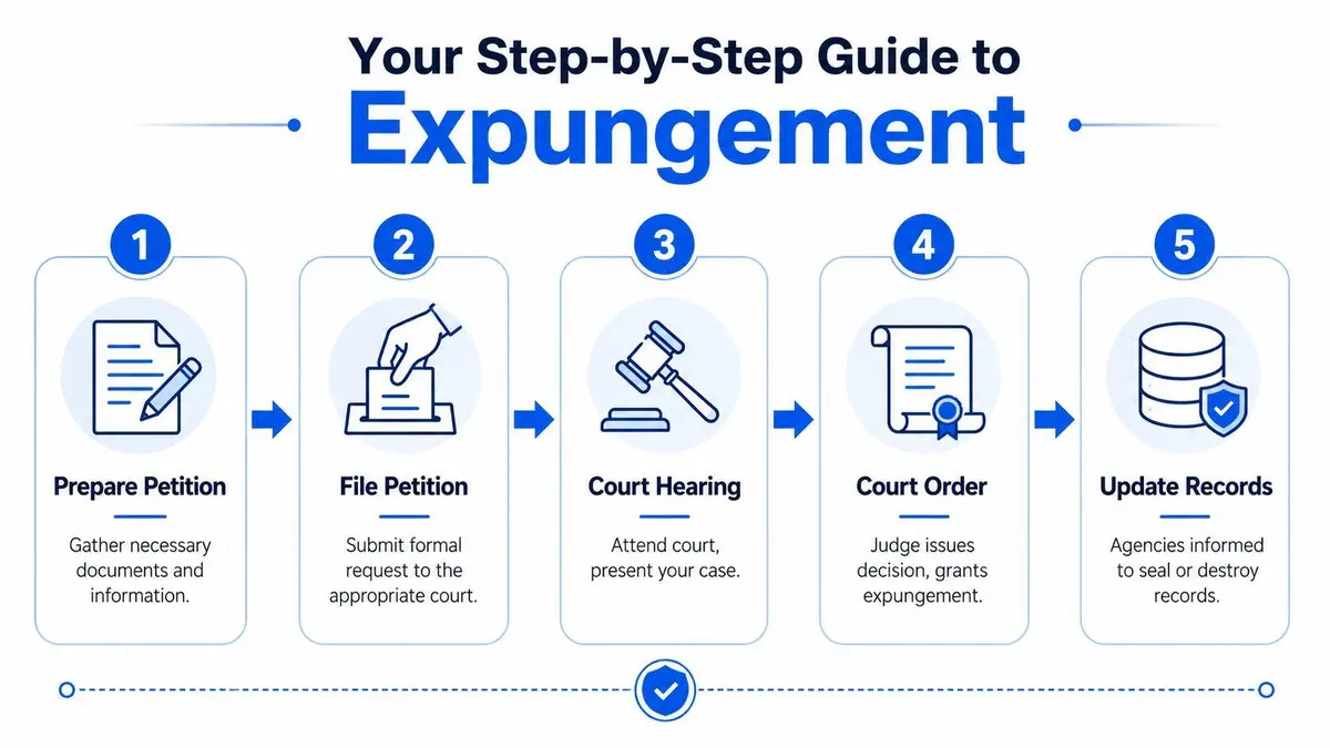 A five-step infographic showing the criminal record expungement process from petition preparation to updating official agency records.