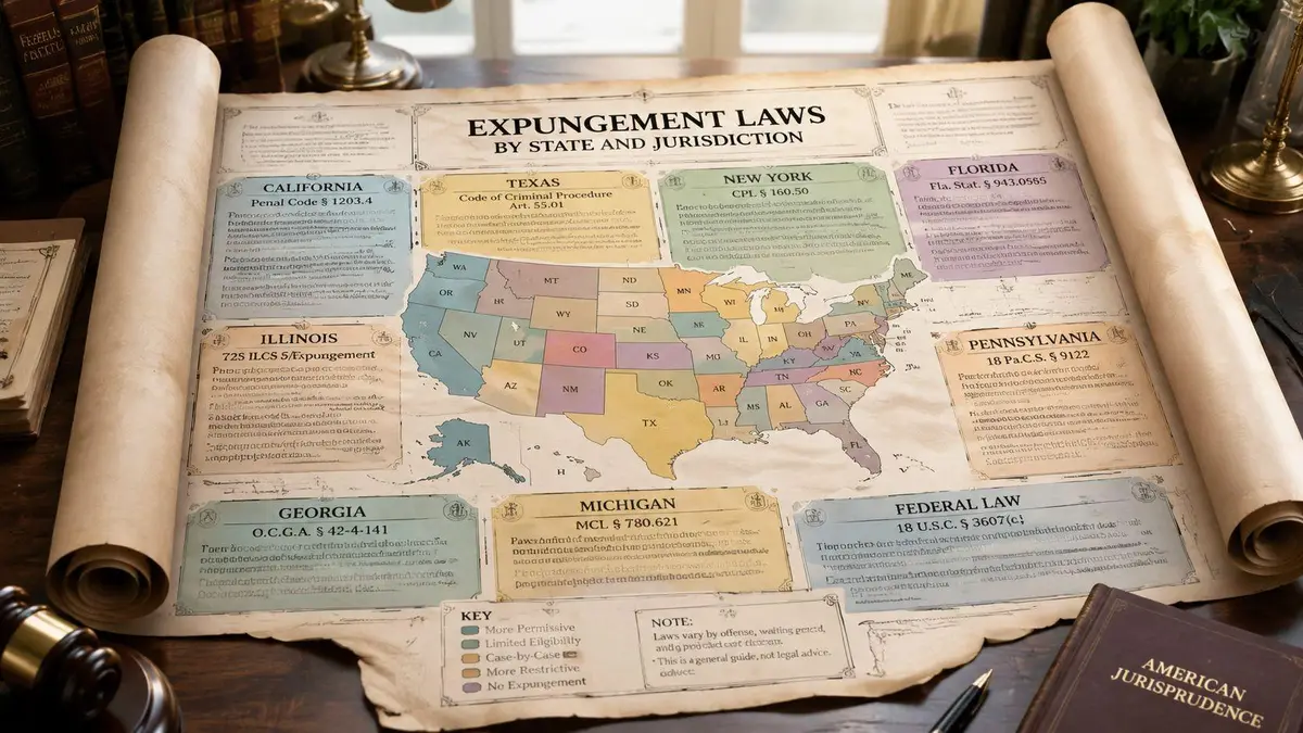 A detailed antique style map showing US states with expungement laws and legal references on parchment paper.