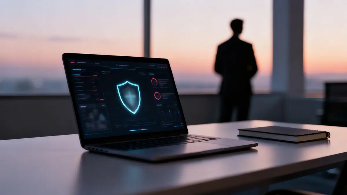 Laptop displaying a glowing cybersecurity shield icon in an office with a person looking at a sunset.