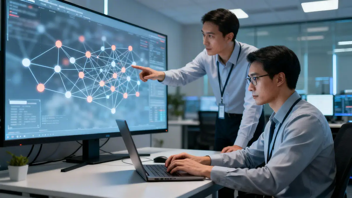 Two Asian men analyze data on a large screen with a network graph, collaborating on a laptop in an office.