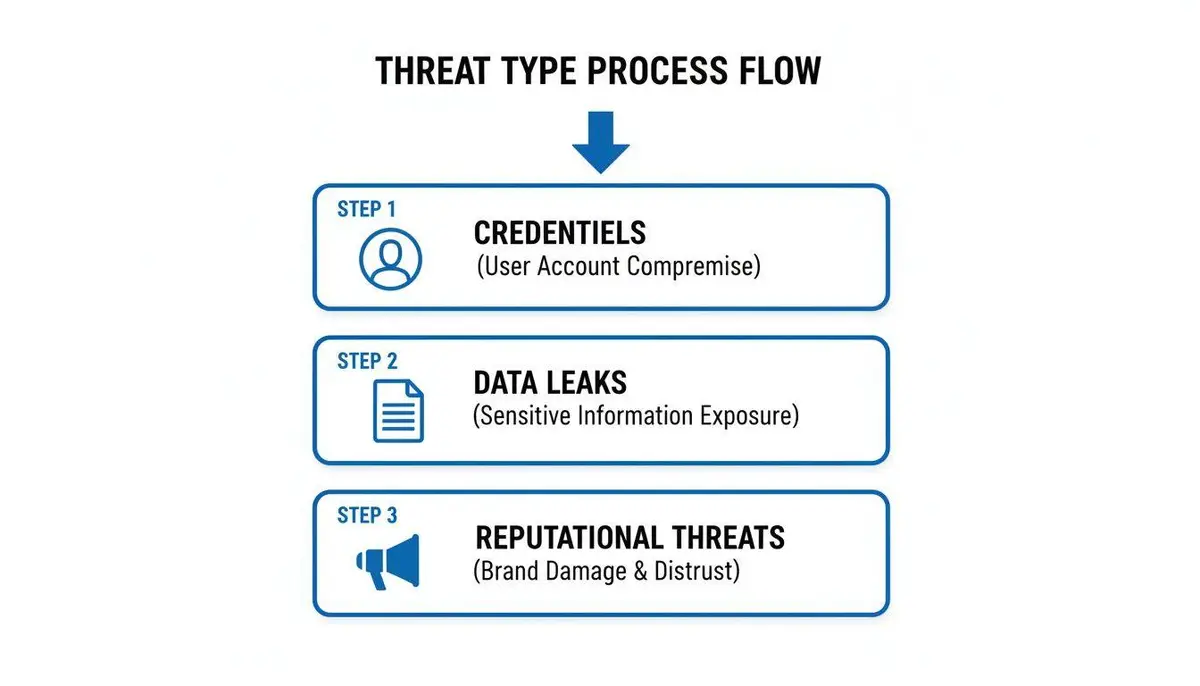Flowchart illustrating the threat type process, detailing steps for credentials compromise, data leaks, and reputational threats.