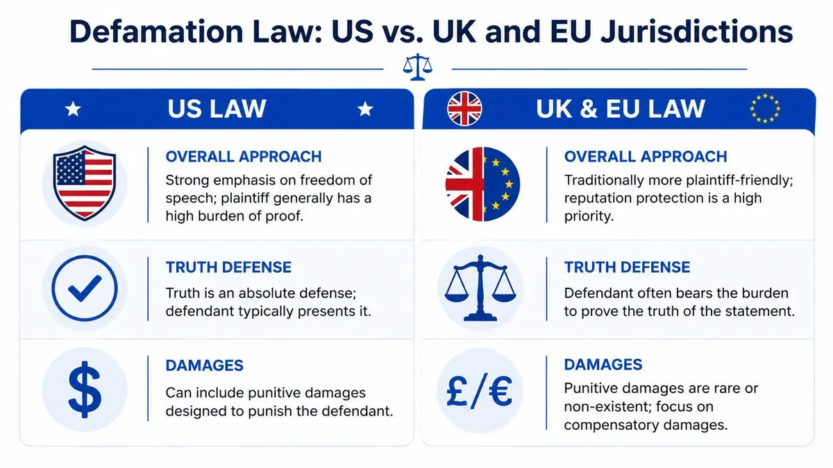 A comparison chart outlining differences in defamation law between the United States and the UK or EU jurisdictions.