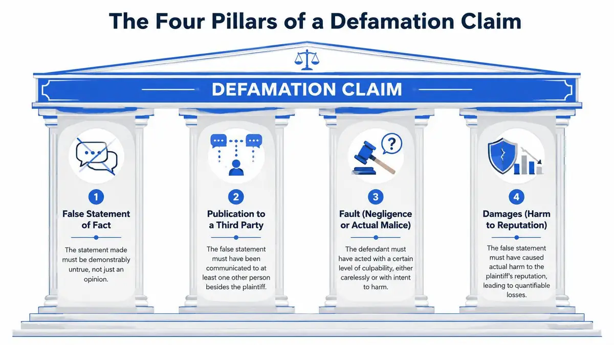 An infographic showing the four essential pillars required to establish a valid legal defamation claim.