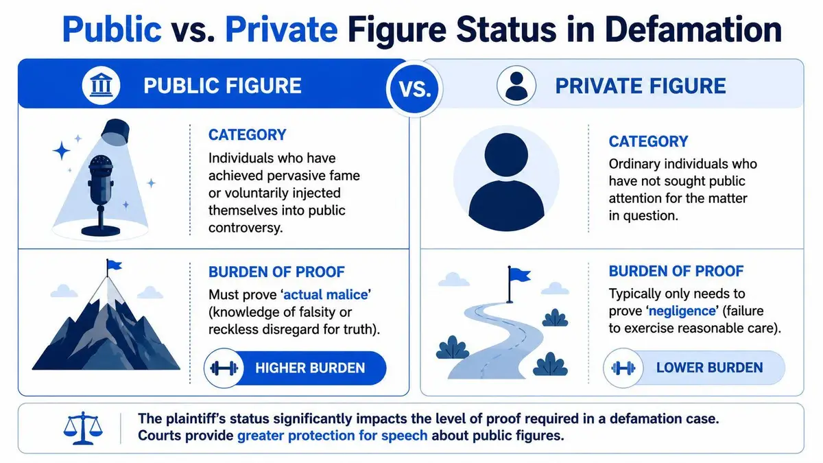 An infographic comparing the burden of proof for public versus private figures in defamation law cases.