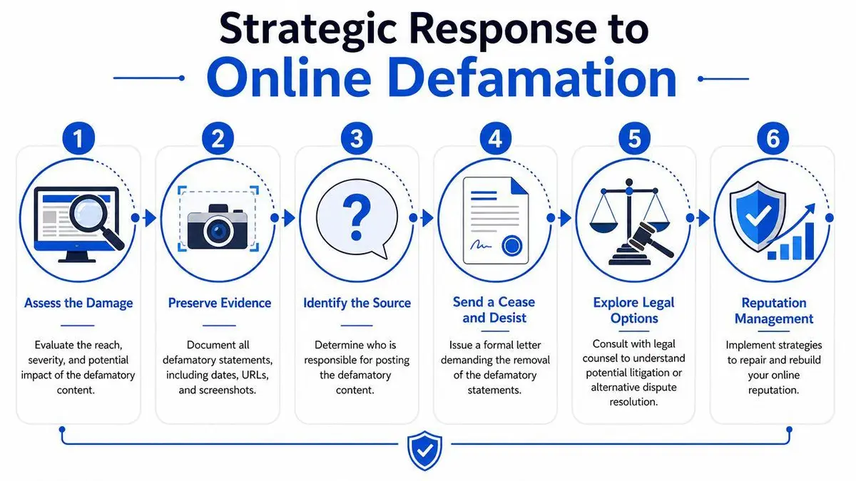 A six-step infographic titled Strategic Response to Online Defamation outlining the process to handle digital libel.