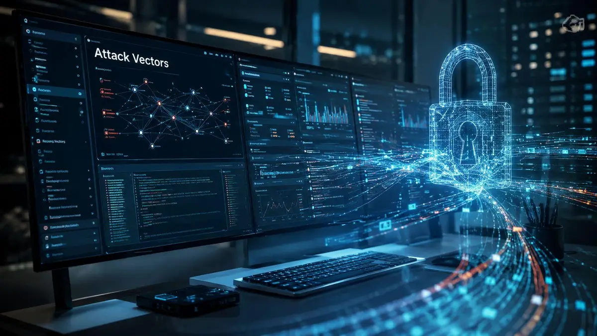 A digital representation of cybersecurity monitor screens displaying complex network graphs and a glowing security padlock icon.