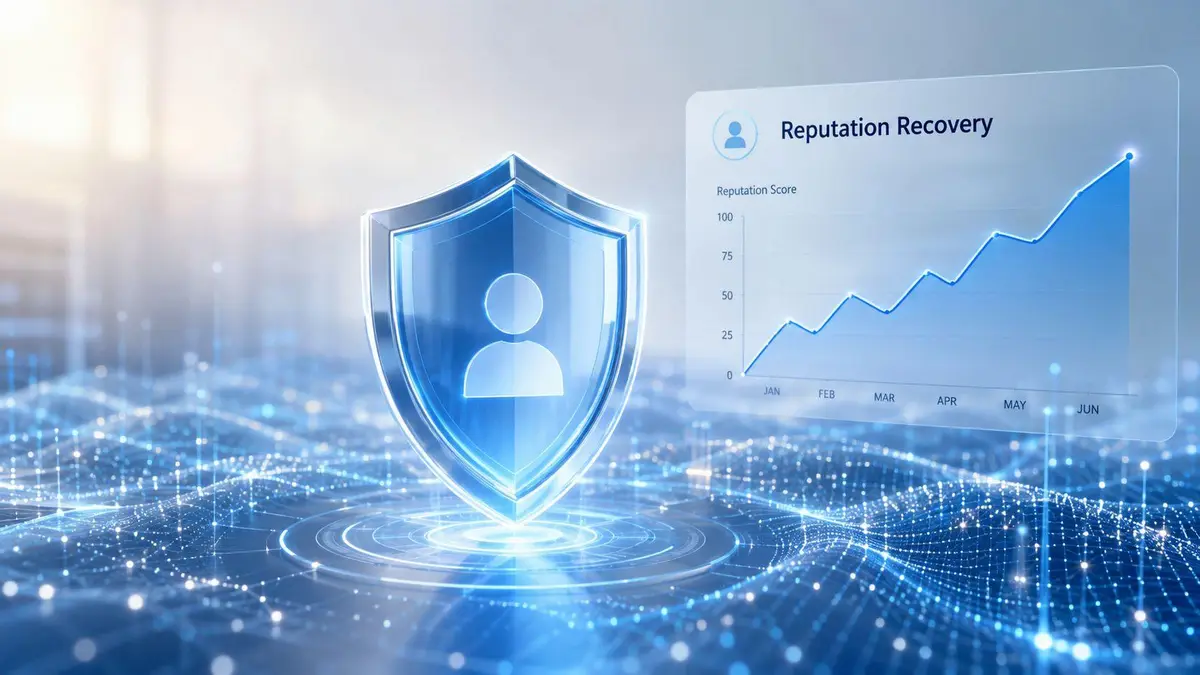 A digital shield icon representing personal data protection and a rising reputation recovery chart over a network.