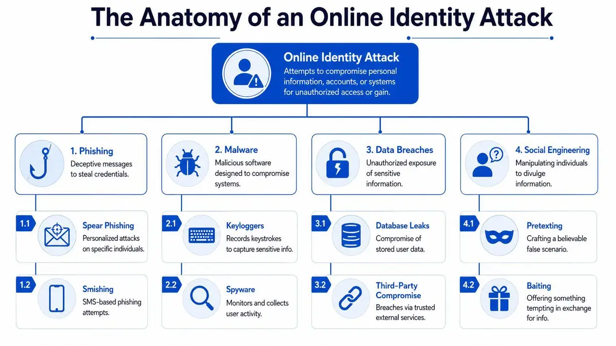 A comprehensive infographic illustrating the anatomy of an online identity attack, including phishing, malware, breaches, and social engineering.