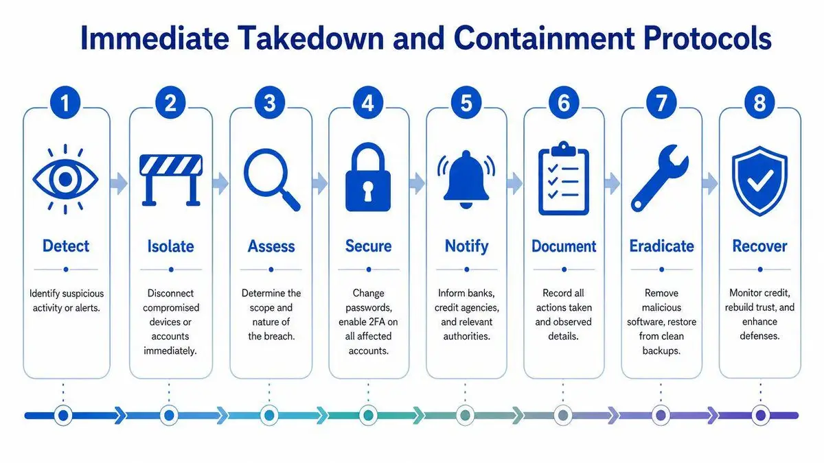 A professional infographic outlining eight sequential steps for immediate identity theft takedown and containment protocols.