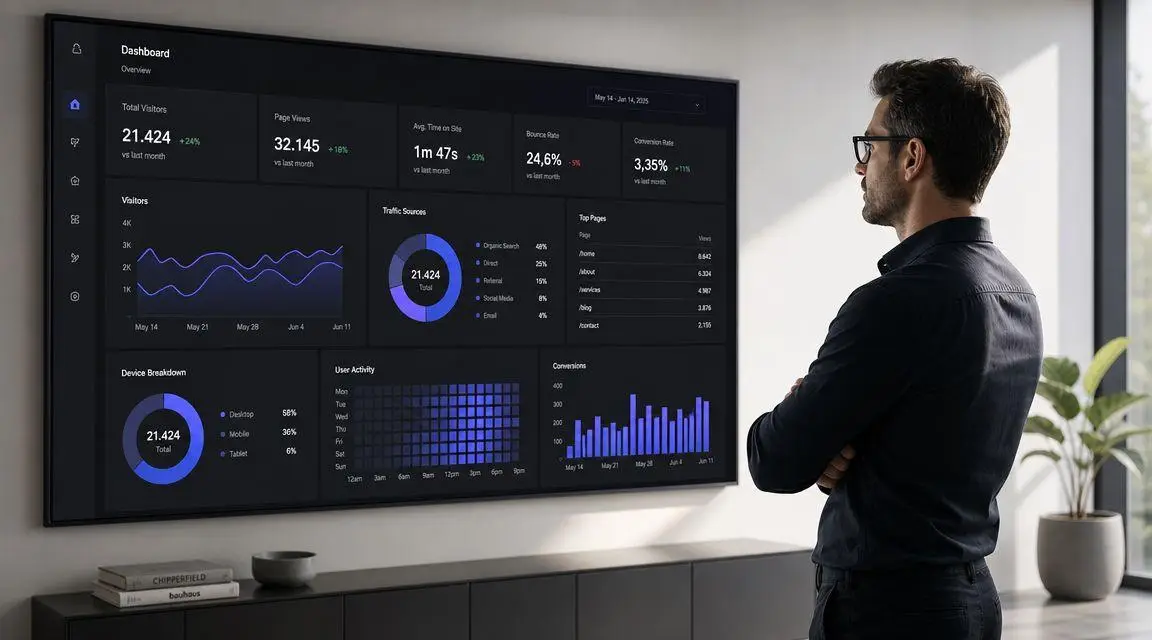 A professional man observing a large digital analytics dashboard displaying website traffic and user engagement metrics.