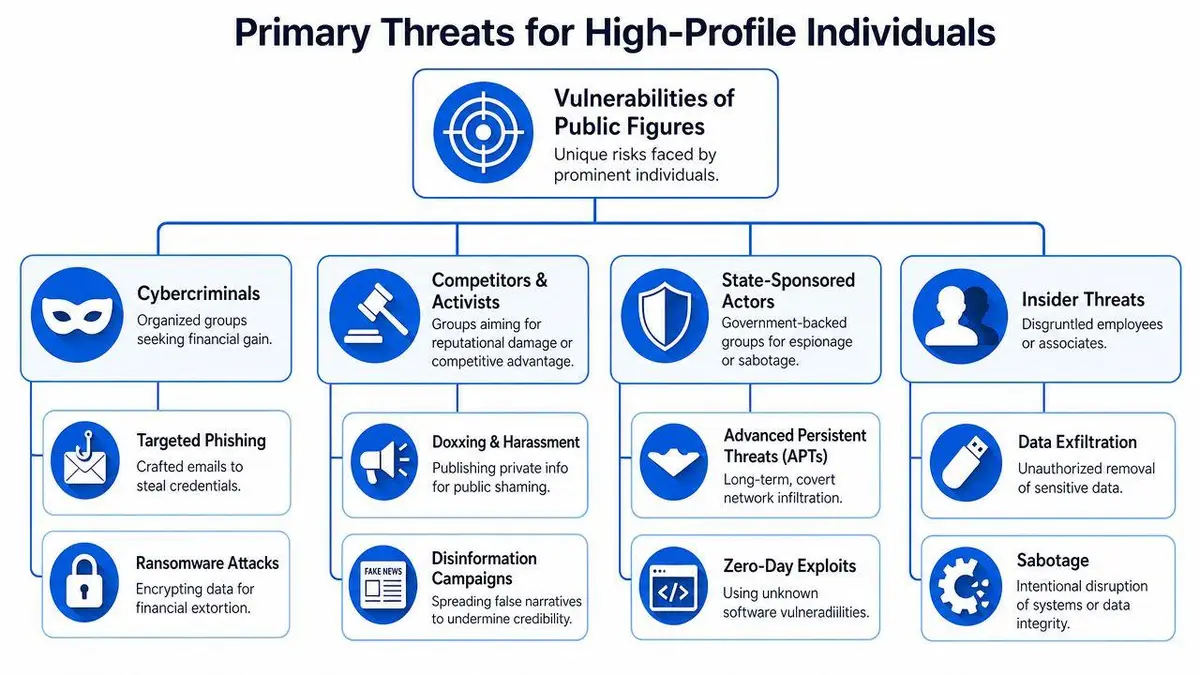 A flow chart outlining various cybersecurity threats faced by high-profile individuals and public figures.