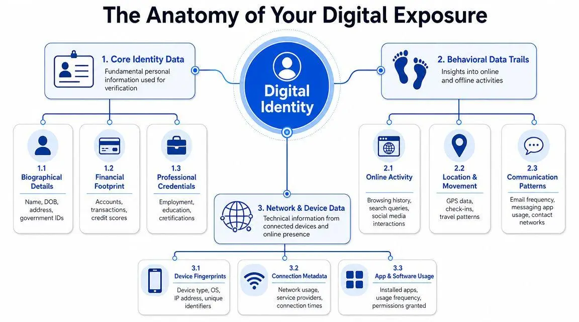 A diagram illustrating the anatomy of digital exposure categorized into core identity, behavioral trails, and network data.