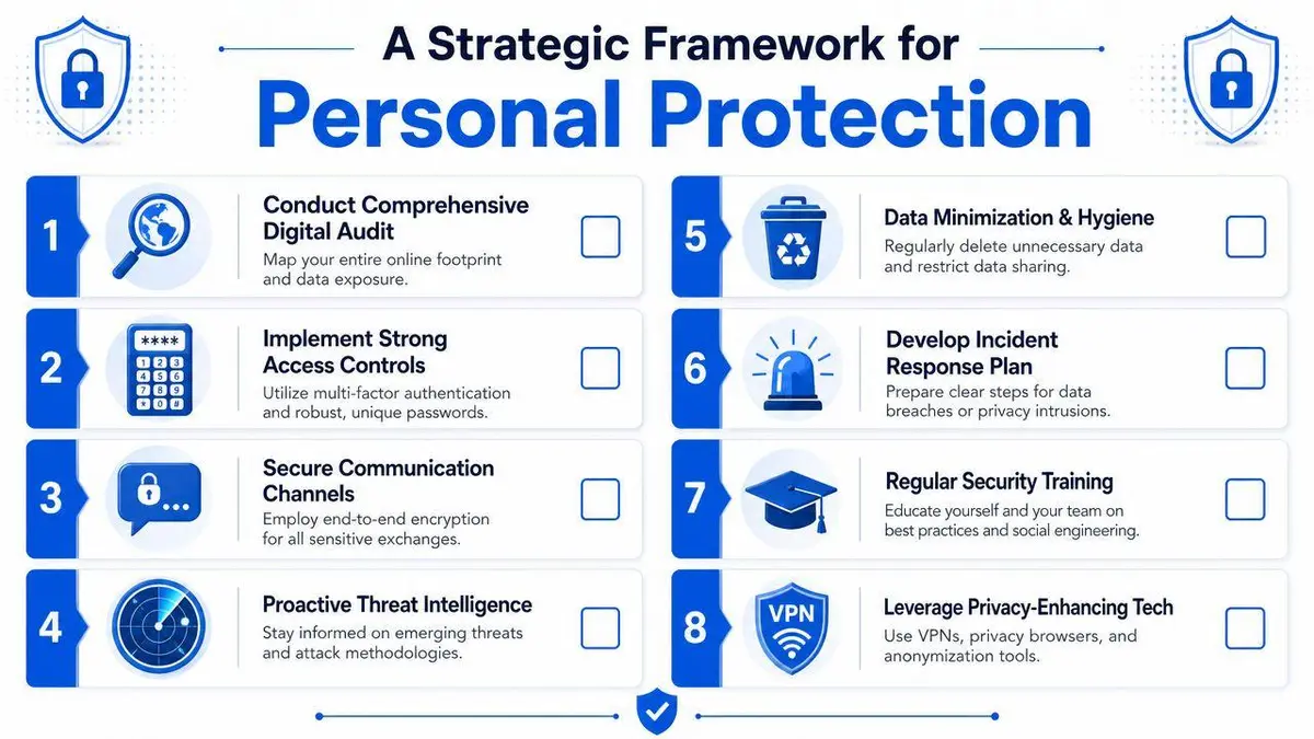 An infographic titled A Strategic Framework for Personal Protection, outlining eight essential steps for digital security.