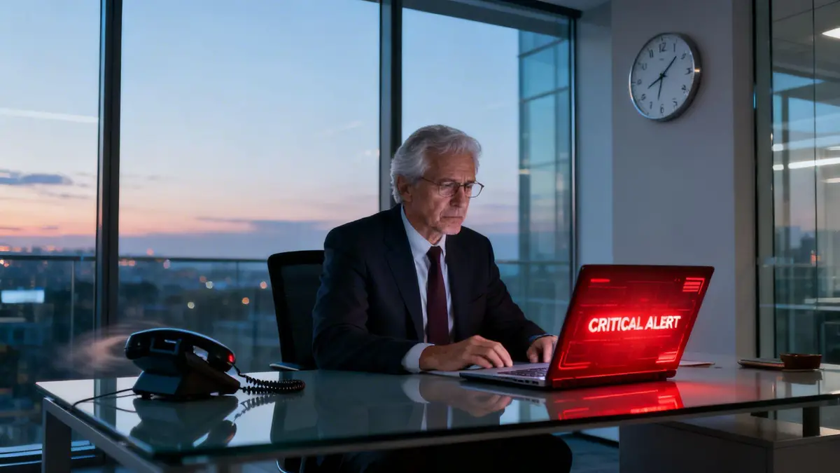 Senior businessman working late on a laptop displaying a 'CRITICAL ALERT' in a modern office.