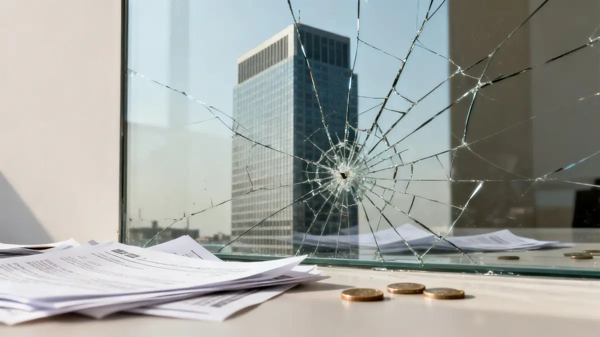 A broken office window with a spiderweb crack, revealing a skyscraper outside, and papers and coins on the desk.