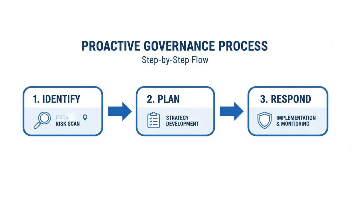 A flowchart illustrating the Proactive Governance Process: Identify (Risk Scan), Plan (Strategy Development), and Respond (Implementation & Monitoring).