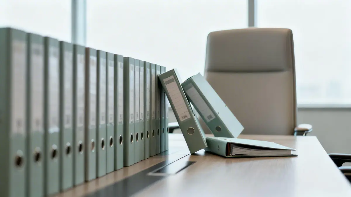 A row of light green binders neatly organized on a wooden desk in an office.