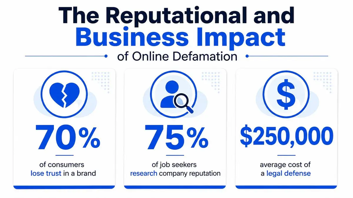An infographic showing statistics about the negative reputational and financial impacts of online defamation on businesses.