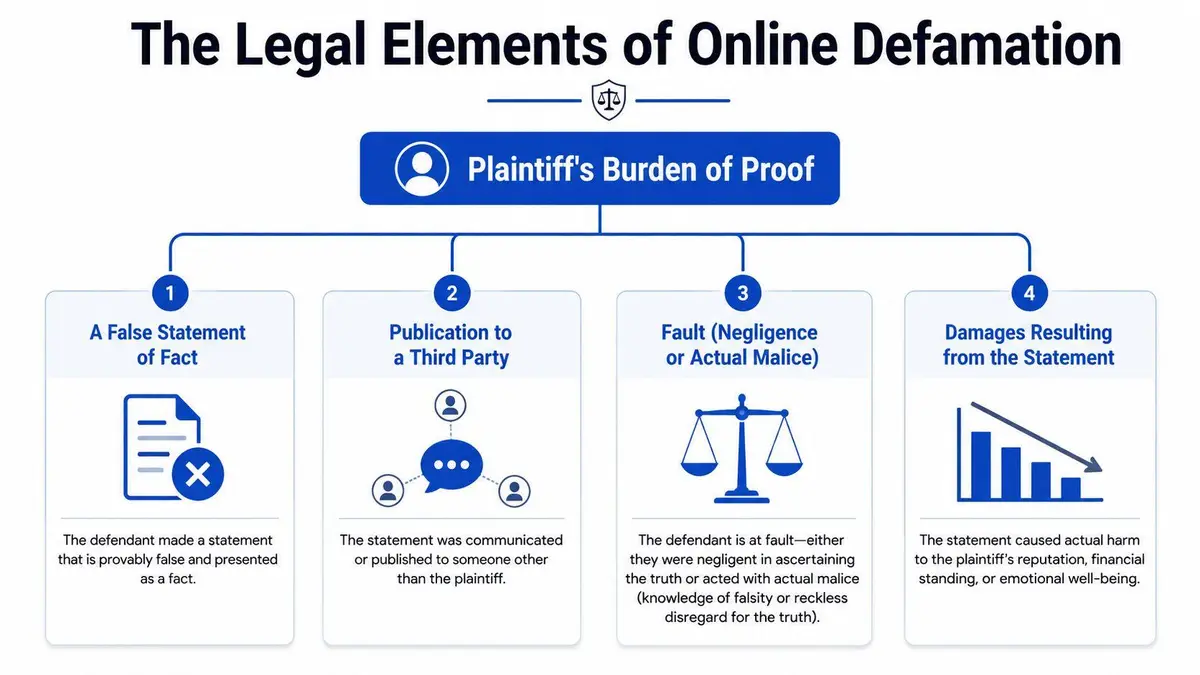 A diagram outlining the four legal elements of online defamation which include false statements, publication, fault, and damages.