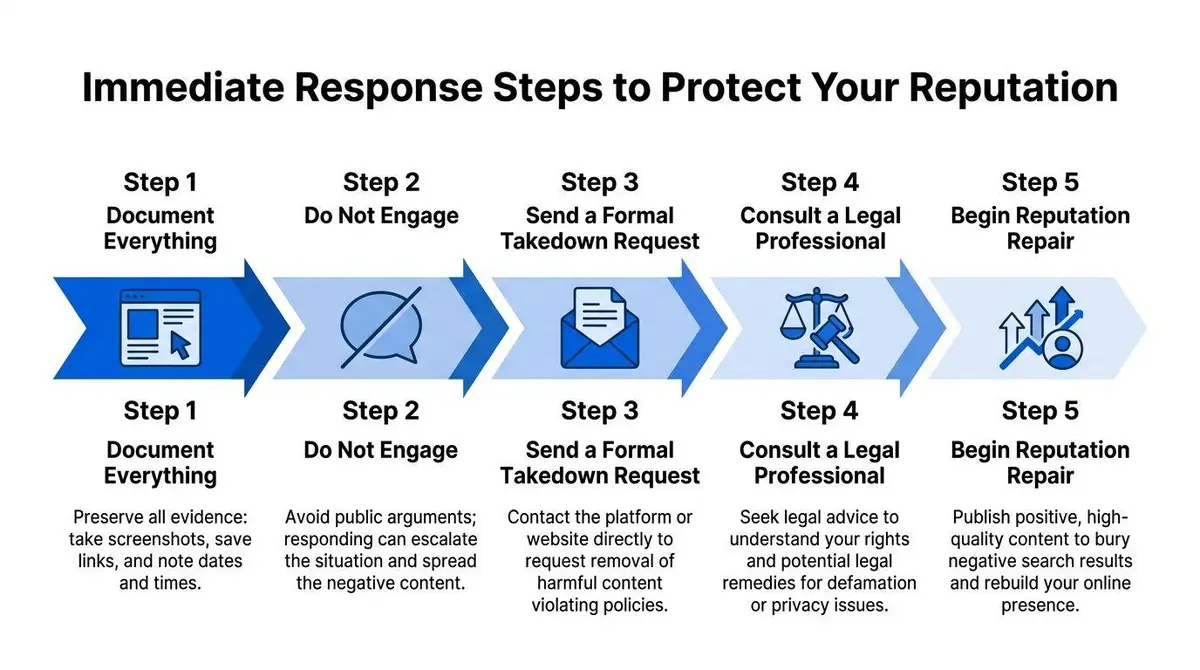 A five-step flowchart guiding individuals on immediate actions to take when protecting their online reputation.