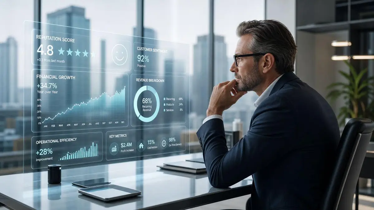 A businessman in a modern office looking at a holographic dashboard displaying corporate analytics and reputation data.