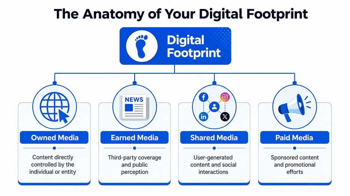 A diagram illustrating the anatomy of a digital footprint, categorized into owned, earned, shared, and paid media.