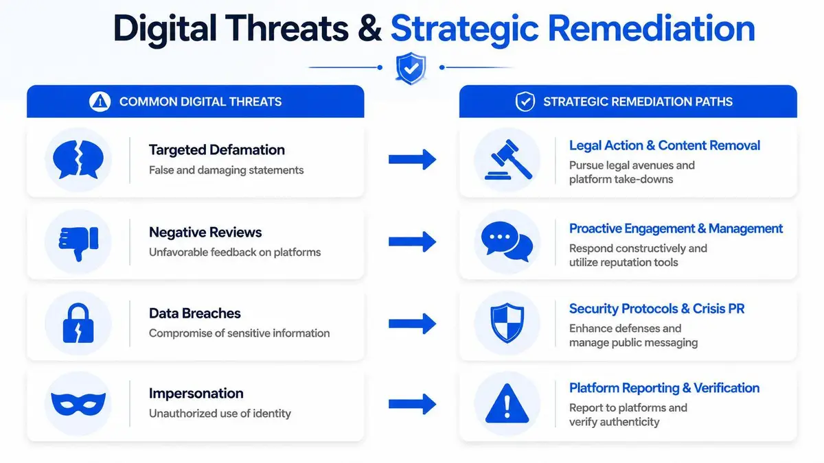 A chart illustrating digital threats like defamation and data breaches alongside corresponding strategic remediation paths.