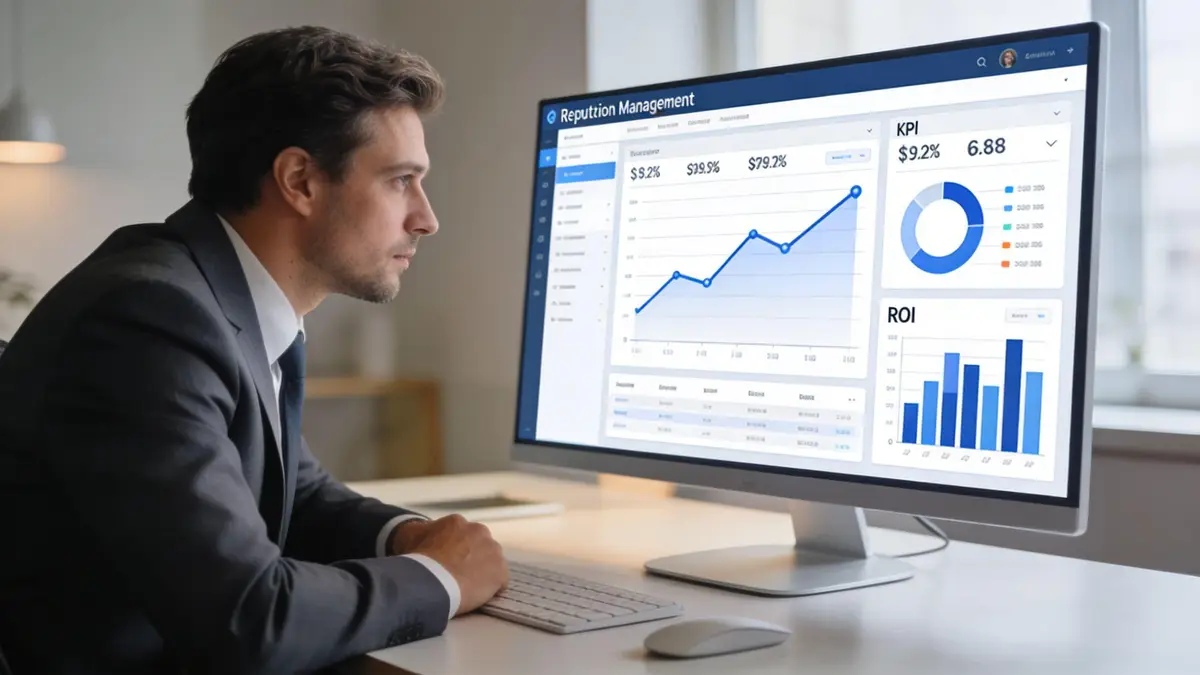 A professional man sitting at a desk and analyzing data metrics on his computer monitor.