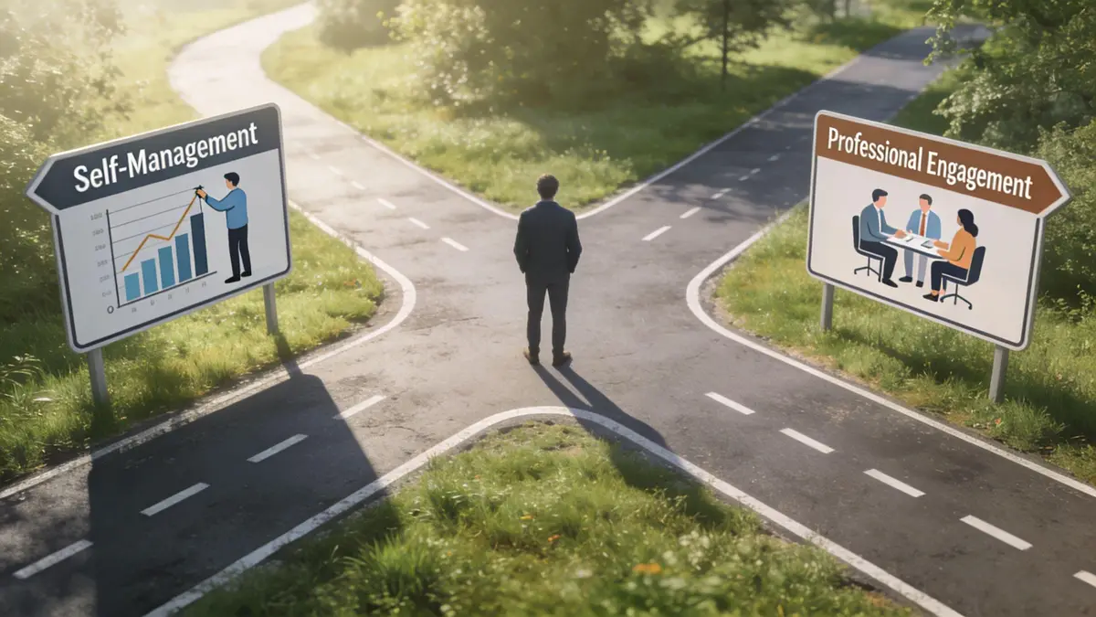 A person standing at a fork in the road deciding between self-management and professional engagement paths.