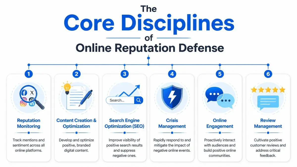 A diagram illustrating the six core disciplines of online reputation defense, including monitoring, content, SEO, and management.