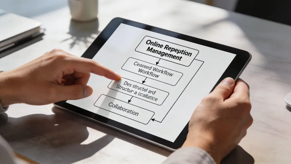 A person holding a tablet displaying a flow chart about online reputation management and workflow processes.
