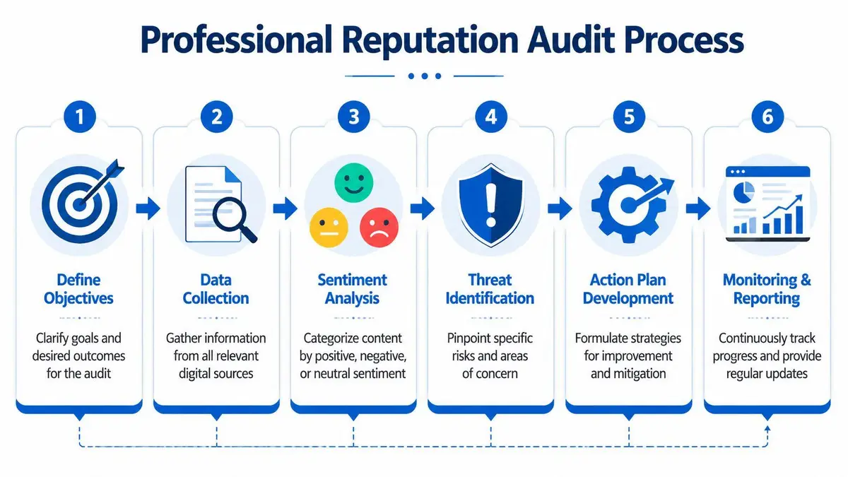A six-step infographic detailing the professional reputation audit process from defining objectives to monitoring and reporting.
