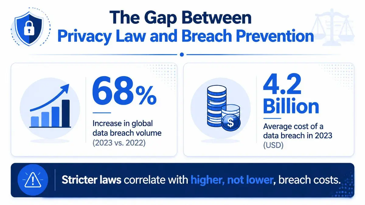 An infographic showing that global data breach volume increased by 68 percent and costs reached 4.2 billion dollars.