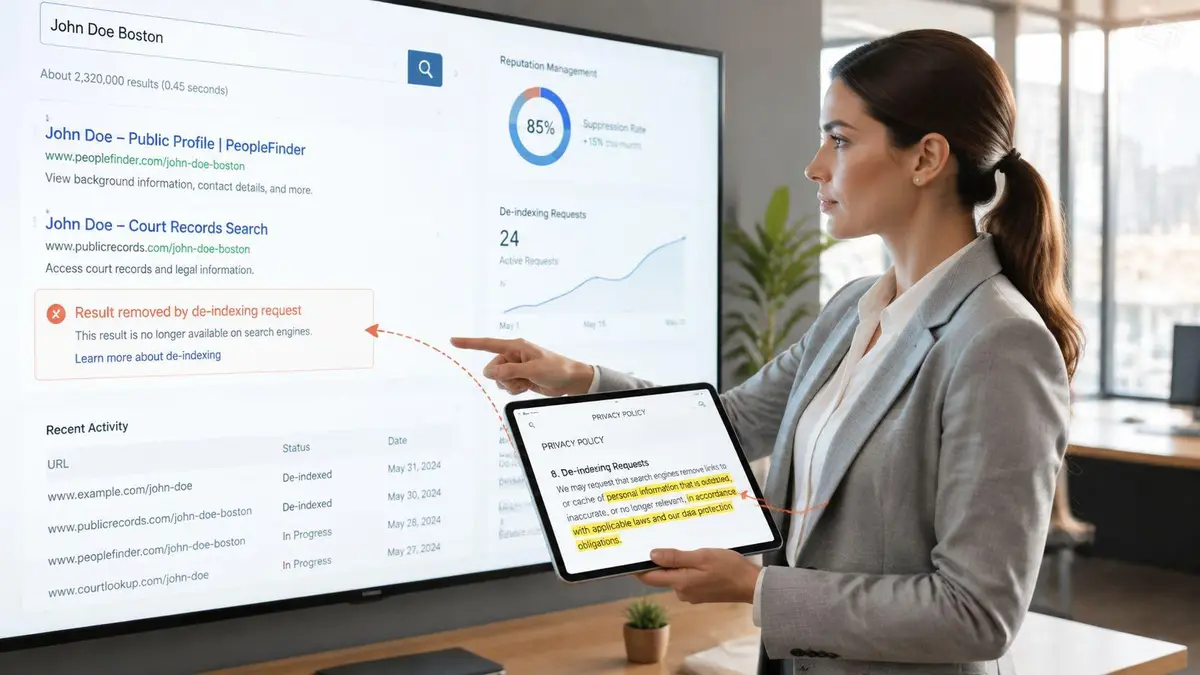 A professional woman presenting a digital interface about de-indexing requests and privacy policy compliance on a screen.