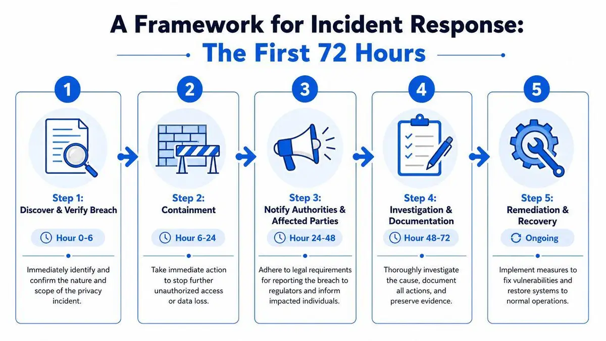 A five-step framework illustrating the essential incident response process for data breaches within the first 72 hours.